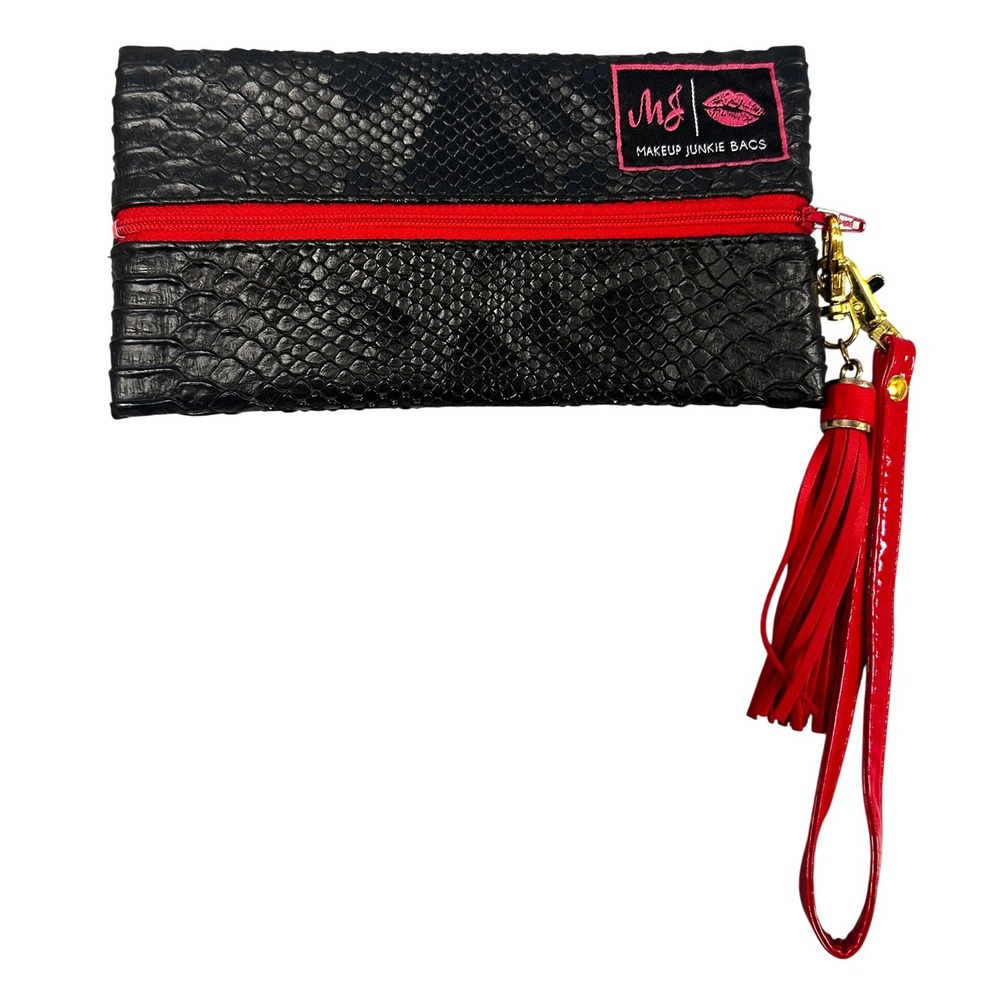 Makeup Junkie Bags Black Snakeskin Red Zipper Tassel Wristlet Cosmetic Bag NWT